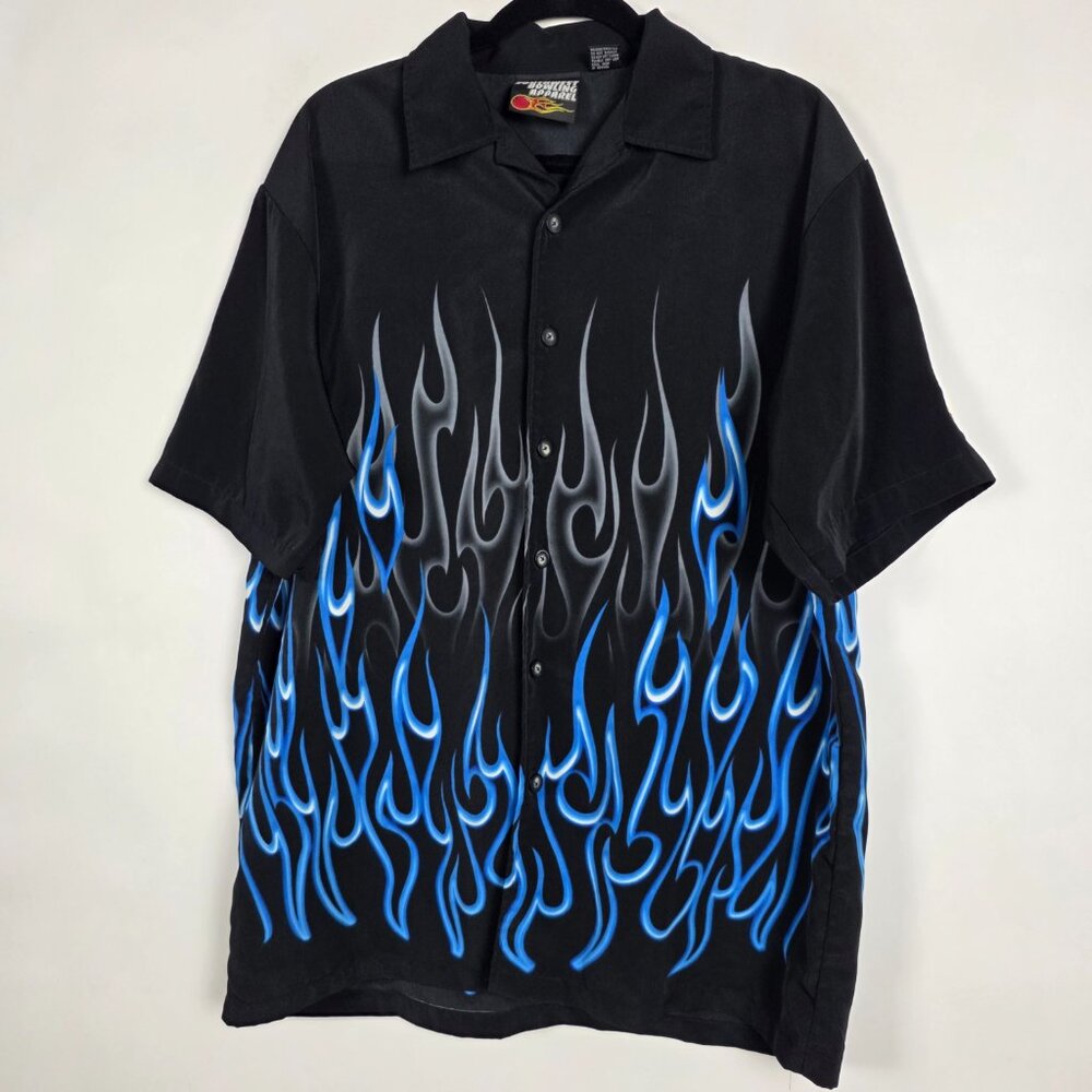 Vintage 90s Southwest Bowling Apparel Blue Flames Mens Medium Button Shirt